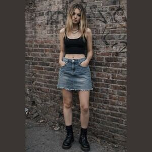 Indigo Rein Women's 11/30 Mid Rise Jean Skirt Raw Hem Grunge Y2K 90s Streetwear